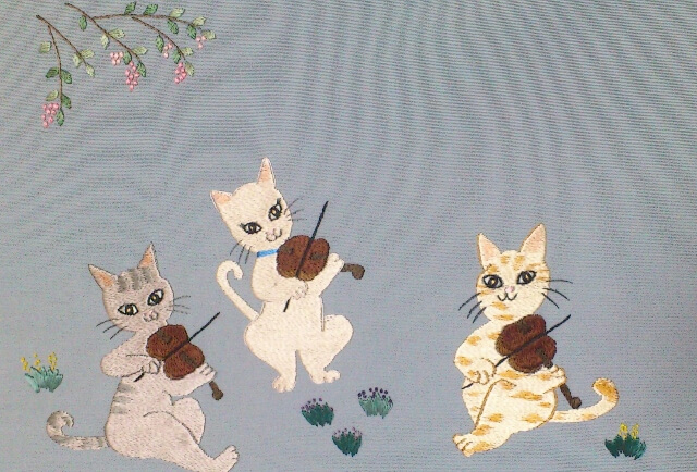 日本刺繍　猫の音楽隊